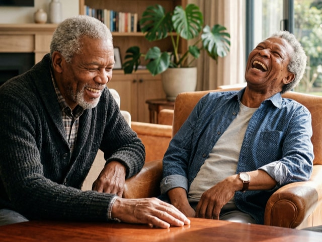 Two elderly men sit on a couch, smiling and laughing together in a cozy living room with a plant in the background.